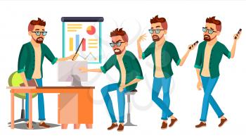 Business Man Character Vector. Hipster Working People Set. Office, Creative Studio. Worker. Full Length. Programmer, Designer, Manager. Poses Face Emotions Cartoon Business Character Illustration