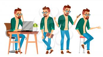 Business Man Character Vector. Hipster Working Male. Environment Process. Start Up. Casual Clothes. Worker. Full Length. Programmer, Manager. Expressions. Flat Business Character Illustration