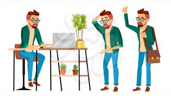 Business Man Character Vector. Hipster Working Man. Environment Process Creative Studio. Male Worker. Full Length. Designer, Manager. Poses, Face Emotions, Gestures. Cartoon Business Illustration