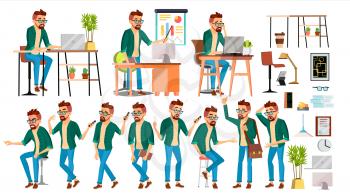 Business Man Character Vector. Hipster Working Man. Environment Process In Start Up Office, Studio. Male Programmer, Designer. Isolated On White Cartoon Business Character Illustration