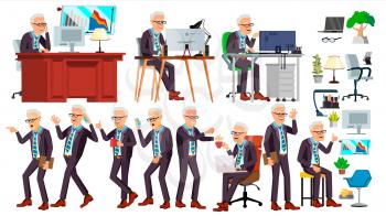 Old Office Worker Vector. Face Emotions, Various Gestures. Business Worker. Career. Professional Workman, Officer, Clerk Flat Cartoon Illustration