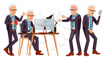 Old Office Worker Vector. Face Emotions, Various Gestures. Businessman Person. Smiling Executive, Servant, Workman, Officer Isolated Character Illustration