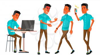 Office Worker Vector. Face Emotions, Various Gestures. Businessman Worker. Happy Job. Partner, Clerk, Servant, Employee Isolated Flat Cartoon Illustration
