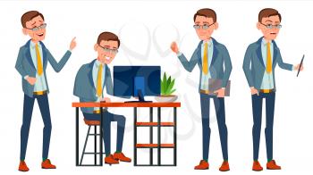 Office Worker Vector. Face Emotions, Various Gestures. Businessman Person. Smiling Executive, Servant, Workman, Officer Isolated Character Illustration
