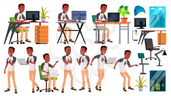 Office Worker Vector. Black. African. Poses. Adult Business Male. Successful Corporate Officer, Clerk, Servant Isolated Flat Character Illustration