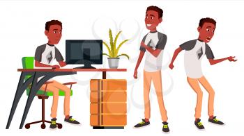 Office Worker Vector. Businessman Worker. Black. African. Poses. Front, Side View. Happy Job. Partner Clerk Servant Employee Isolated Flat Cartoon Illustration