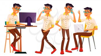 Office Worker Vector. Thai, Vietnamese. Face Emotions, Gestures. Animated Elements. Poses. In Action. Adult Business Male. Successful Corporate Officer Clerk Servant Isolated Illustration