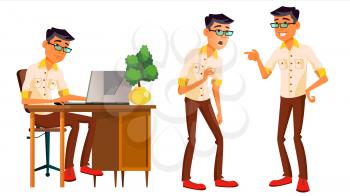 Office Worker Vector. Thai, Vietnamese. Facial Emotions, Gestures. Business Person. Poses. Animated Elements. Career. Modern Employee Workman Laborer Isolated Flat Cartoon Character Illustration