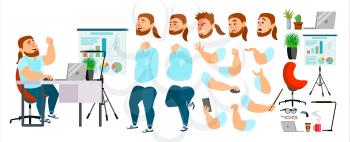 Business Man Character Vector. Working Male. Casual Clothes. Start Up. Office Meeting. Developer. Animation Set. Fat, Bearded Salesman, Designer Emotions Expressions Cartoon Illustration