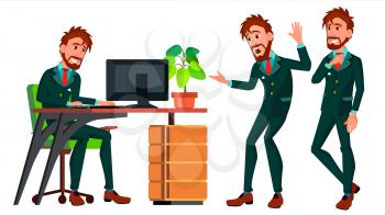 Office European Worker Vector. Adult Business Male. Successful Corporate Officer, Clerk, Servant. Scene Generator. Isolated Flat Character Illustration