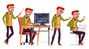 Office Worker Vector. Businessman Worker. Lifestyle. Animated Elements. Poses. Red Head, Ginger. Front, Side View. Happy Job. Partner Clerk Servant Employee Isolated Flat Cartoon Illustration