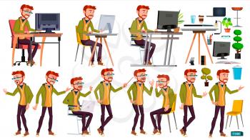 Office Worker Vector. Face Emotions, Various Gestures. Businessman Person. Poses. Front, Side View. Office. Smiling Executive Servant Workman Officer Isolated Character Illustration