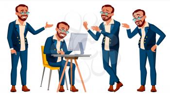 Office Worker Vector. Face Emotions, Gestures. Poses. Businessman Person. Turk. Front, Side View. Smiling Executive Servant Workman Officer Isolated Character Illustration