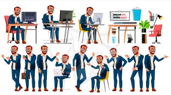 Office Worker Vector. Emotions, Various Gestures. In Action. Lifestyle. Turkish. Turk. Adult Entrepreneur Business Man Isolated Flat Illustration