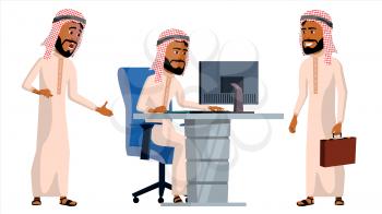 Arab Man Office Worker Vector. Arab, Muslim. Business Set. Facial Emotions, Gestures. Animated Elements. Corporate Businessman Male. Successful Officer, Clerk Servant Isolated Cartoon Illustration