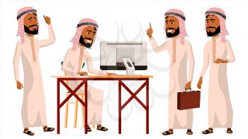 Arab Man Office Worker Vector. Saudi, Emirates, Qatar, Uae. Business Set. Facial Emotions, Gestures. Businessman Person. Front, Side View Smiling Executive Servant Workman Officer Illustration