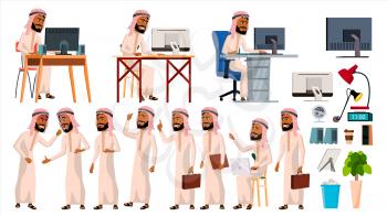 Arab Man Office Worker Vector. Thawb, Thobe. Ghutra. Business Set. Face Emotions, Gestures. Adult Entrepreneur Business Man. Happy Clerk, Servant Employee Isolated Flat Illustration