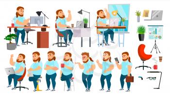 Business Man Character Vector. Working People Set. Office, Creative Studio. Fat, Bearded. Business Situation. Programmer, Designer Manager Different Poses Emotions Cartoon Illustration