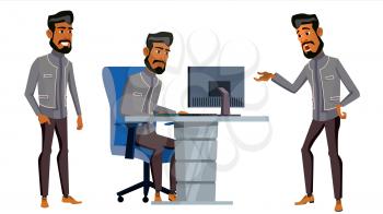 Arab Man Office Worker Vector. Business Set. Traditional Clothes. Arab, Muslim. Emotions, Gestures. Businessman Person. Arabic Front, Side View Smiling Executive Workman Officer Illustration