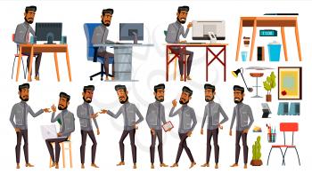 Arab Man Office Worker Vector. Business Set. Islamic. Facial Emotions, Gestures. Animated Elements. Arabic Corporate Businessman Male. Successful Officer, Clerk, Servant Illustration