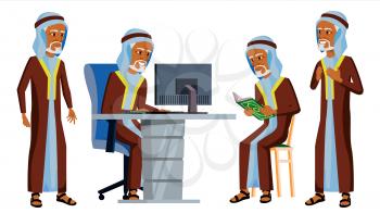 Arab Man Office Worker Vector. Thawb, Thobe. Old. Traditional Clothes. Business Set. Facial Emotions, Gestures. Animated Elements. Corporate Businessman Male Successful Officer Clerk Illustration