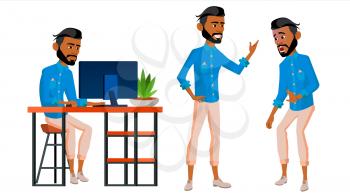 Arab Man Office Worker Vector. Arabic Traditional Clothes. Ghutra. Business Set. Facial Emotions, Gestures. Animated Elements. Corporate Businessman Male. Successful Officer, Clerk. Illustration