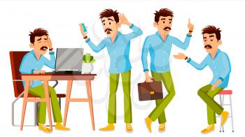 Business Man Character Vector. Working Male. Environment Process. Start Up. Casual Clothes. Worker. Full Length. Programmer, Manager. Expressions Flat Business Character Illustration