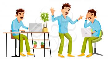 Business Man Character Vector. Working Man. Environment Process Creative Studio. Male Worker. Full Length. Designer, Manager. Poses, Face Emotions, Gestures. Cartoon Business Illustration
