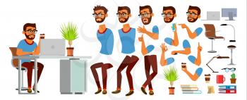 Business Man Character Vector. Working Hindu Male. Business Start Up. Modern Office. Coding, Software Development. Programmer. Animation Set. Bearded Salesman. Emotions. Cartoon Illustration