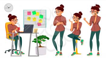 Business Woman Character Vector. Working Female, Girl. Team Room. Desk. Brainstorming. Environment Process. Start Up Office. Programmer, Designer Lifestyle Situations Isolated Character Illustration