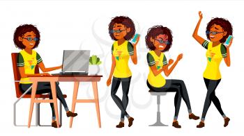 Business African Black Woman Character Vector. In Action. Office. IT Business Company. Working Elegant American Modern Girl. Various Views. Environment Process. Cartoon Illustration