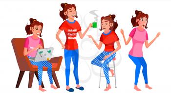 Freelancer Worker Vector. Woman. Happy Clerk, Servant, Employee. Business Woman Person. Working At Home. Lady Face Emotions, Various Gestures. Flat Character Illustration