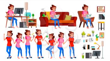 Freelancer Worker Vector. Woman. Successful Officer, Clerk, Servant. Adult Woman. Working At Home. Face Emotions, Various Gestures. Isolated Flat Cartoon Illustration