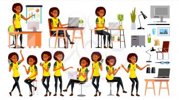 Business African Black Woman Character Vector. American Elegant Modern Girl. Expressions. Working On The Computer. Desk. Cartoon Illustration