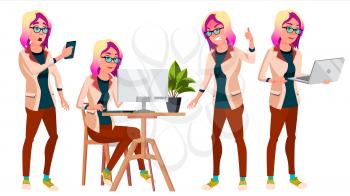 Office Worker Vector. Woman. Smiling Servant, Officer. Business Person. Face Emotions, Various Gestures Flat Cartoon Illustration