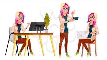 Office Worker Vector. Woman. Professional Officer, Clerk. Adult Business Female. Lady Face Emotions, Various Gestures. Isolated Cartoon Illustration