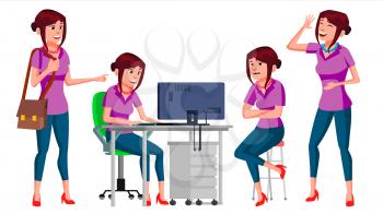 Office Worker Vector. Woman. Modern Employee, Laborer. Business Woman. Emotions Gestures Flat Cartoon Illustration
