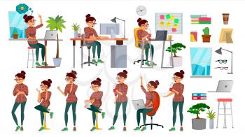 Business Woman Character Set Vector. Working People Set. Office, Creative Studio. Female Business Situation. Girl Programmer, Designer, Manager. Poses, Emotions Character Illustration