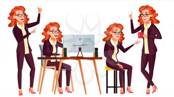 Office Worker Vector. Woman. Happy Clerk, Servant, Employee. Business Woman Person. Lady Face Emotions, Various Gestures. Flat Character Illustration