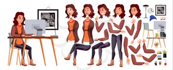Office Worker Vector. Woman. Happy Clerk, Servant, Employee. Business Human. Face Emotions, Various Gestures. Animation Creation Set Character Illustration