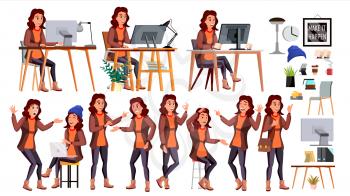 Office Worker Vector. Woman. Professional Officer, Clerk. Adult Business Female. Lady Face Emotions, Various Gestures. Isolated Cartoon Illustration