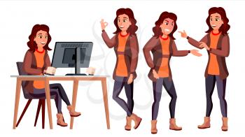 Office Worker Vector. Woman. Modern Employee, Laborer. Business Woman. Face Emotions, Various Gestures Flat Cartoon Illustration