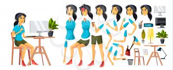 Office Worker Vector. Woman. Modern Employee, Laborer. Korean, Vietnamese, Japanese Business Worker. Face Emotions, Various Gestures. Animation Creation Set Cartoon Character Illustration