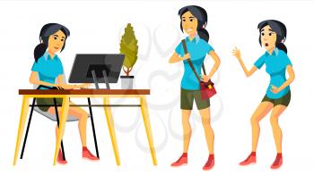 Office Worker Vector. Woman. Happy Clerk, Servant, Employee. Korean, Vietnamese. Japanese Business Human. Face Emotions Various Gestures Isolated Character Illustration