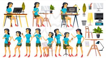 Office Worker Vector. Woman. Happy Clerk, Servant, Employee. Chinese, Korea. Japanese Business Woman Person. Lady Face Emotions, Various Gestures Flat Character Illustration