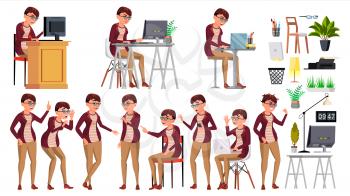 Office Worker Vector. Woman. Happy Clerk, Servant, Employee. Business Human. Face Emotions, Various Gestures Isolated Character Illustration