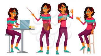 Office Worker Vector. Woman. Successful Officer, Clerk, Servant. Business Woman Worker. Arab. Face Emotions, Various Gestures Isolated Flat Illustration