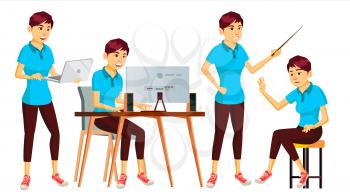 Office Worker Vector. Woman. Modern Employee, Laborer. Business Worker. Face Emotions, Various Gestures. Isolated Cartoon Nipponese Character Illustration