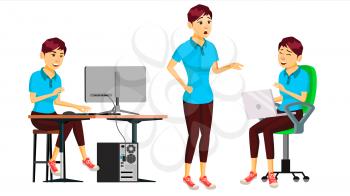 Office Worker Vector. Woman. Professional Officer, Clerk. Business Japanese Female. Lady Face Emotions, Various Gestures. Isolated Flat Character Illustration