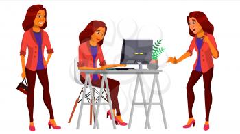 Office Worker Vector. Woman. Business Human. Lady Face Emotions, Various Gestures. Isolated Flat Cartoon Character Illustration